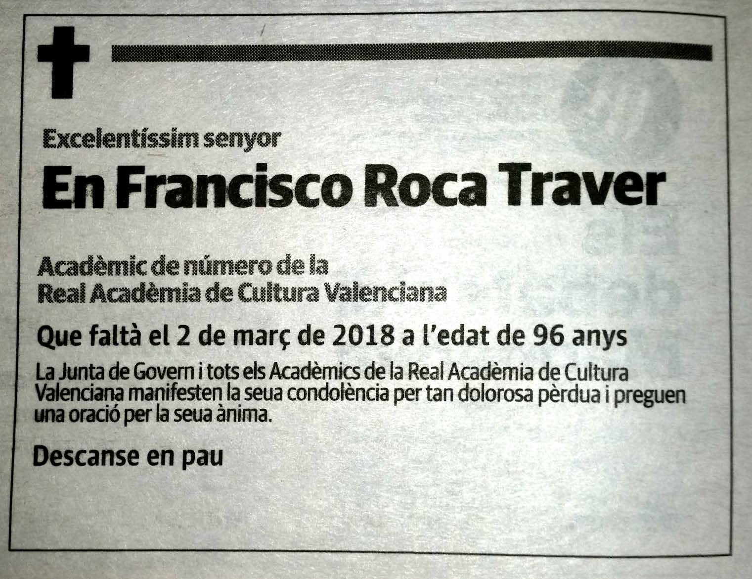 Ha mort l'Acadèmic de Número Francisco A. Roca Traver